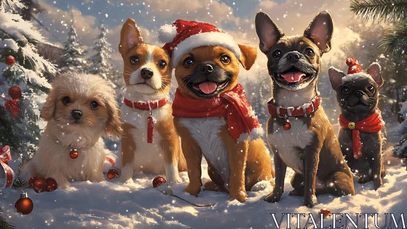 Five small dogs sit in snowy landscape with holiday decor