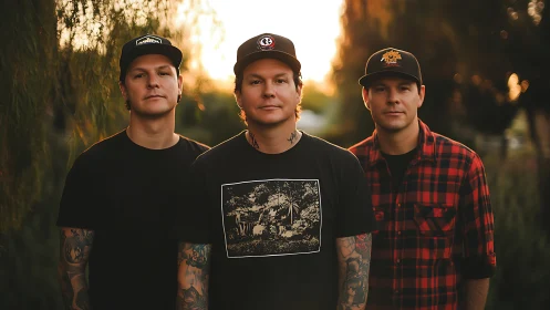 Three tattooed men stand together in warm sunset light outdoors
