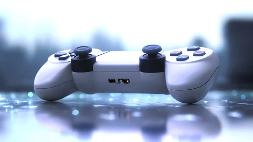 White Gaming Controller Gleams Against Luminous Urban Backdrop