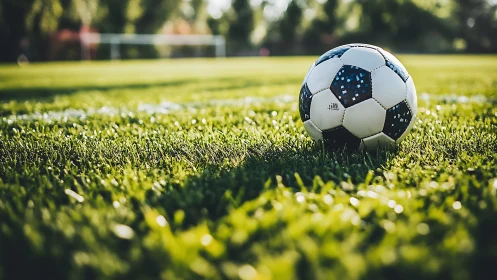 Soccer ball rests on sunlit grass in shallow depth field