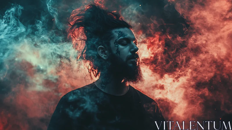 Moody portrait in teal and ember smoke ambiance.