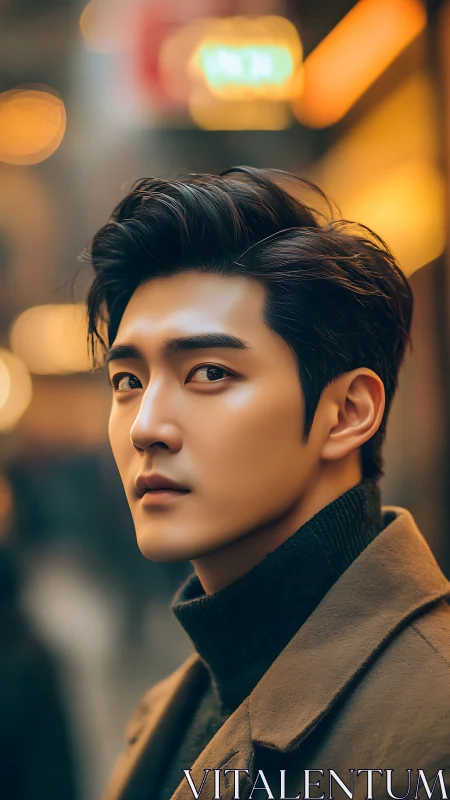 Stylish man gazes through warm city bokeh at twilight.