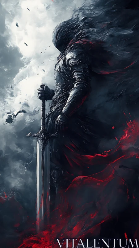 Dark armored knight stands in swirling smoke and bloodlit storm.