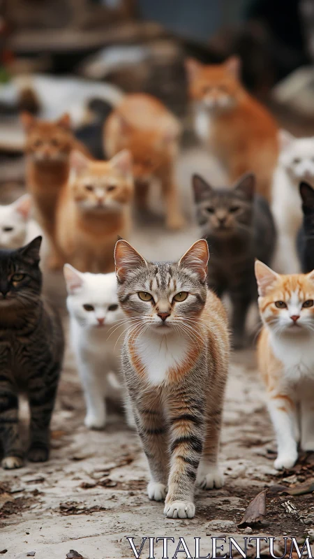 Pack of Stray Cats Walking Together on Dusty Ground
