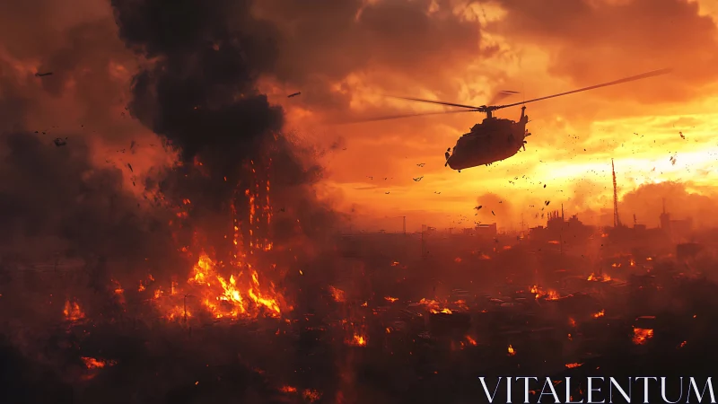 Military helicopter surveys inferno over devastated metropolis