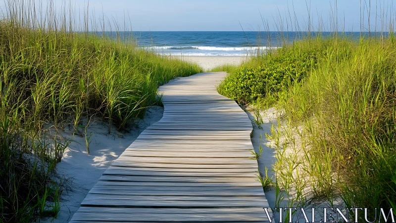 Wooden dune boardwalk leads toward calm blue ocean horizon.