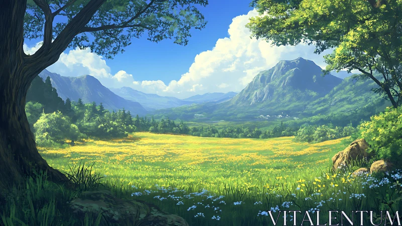 Sunlit mountain meadow unfolds beneath bright summer skies