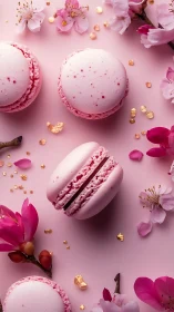 Pink macarons rest among cherry blossoms on pastel pink