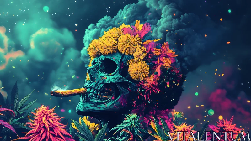 Psychedelic skull portrait with neon flowers and smoke.
