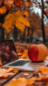 Autumn workstation with laptop and red apple in golden foliage.
