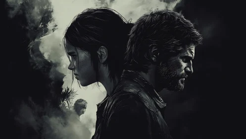 Backlit dual portraits in moody monochrome drama.