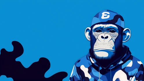 Vector chimpanzee portrait in blue camo hoodie and cap profile
