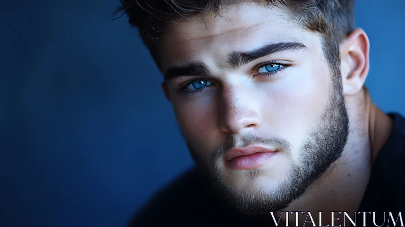 Close-cropped male portrait shows sharp focus, soft blue bokeh ground