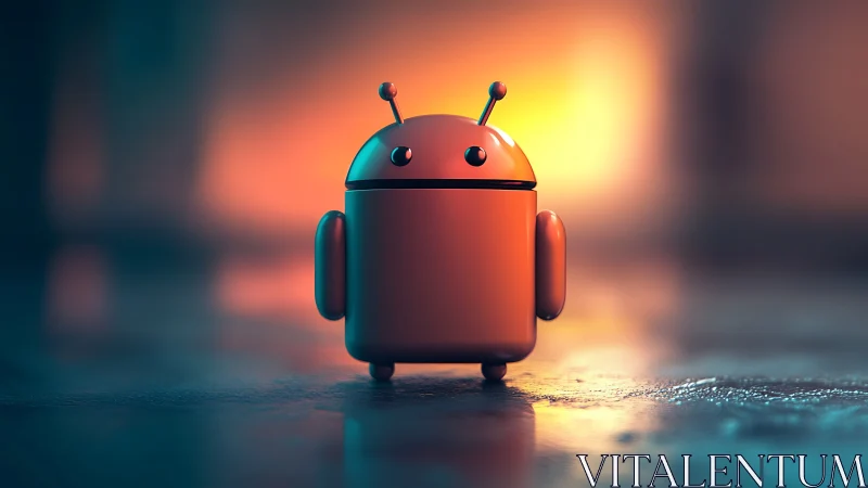 Orange robot mascot on reflective floor with blurred lights.