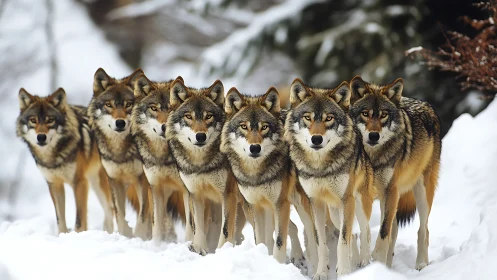 Aligned wolf pack in frontal formation under diffuse winter lighting