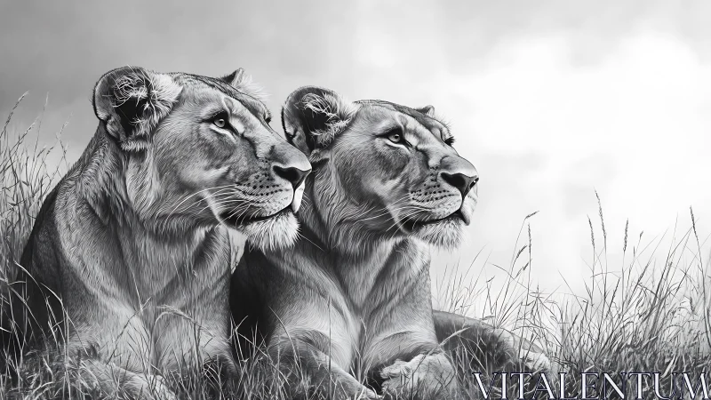 Two Lionesses in Grassland.