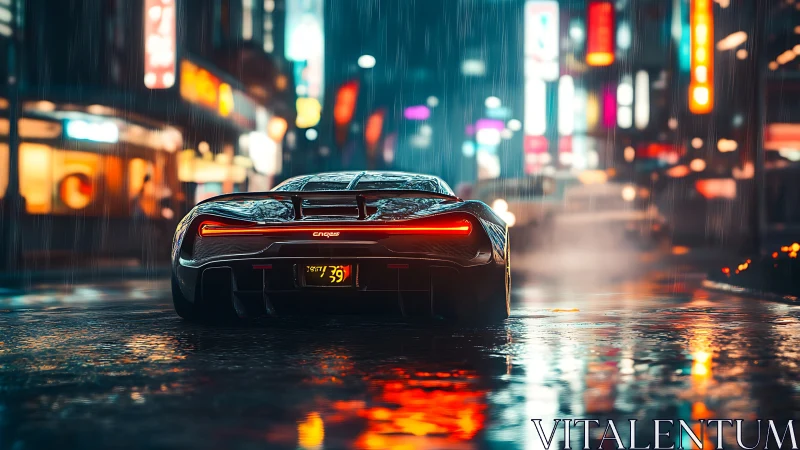 Neon storm chaser hypercar glows through rain-slicked nights.
