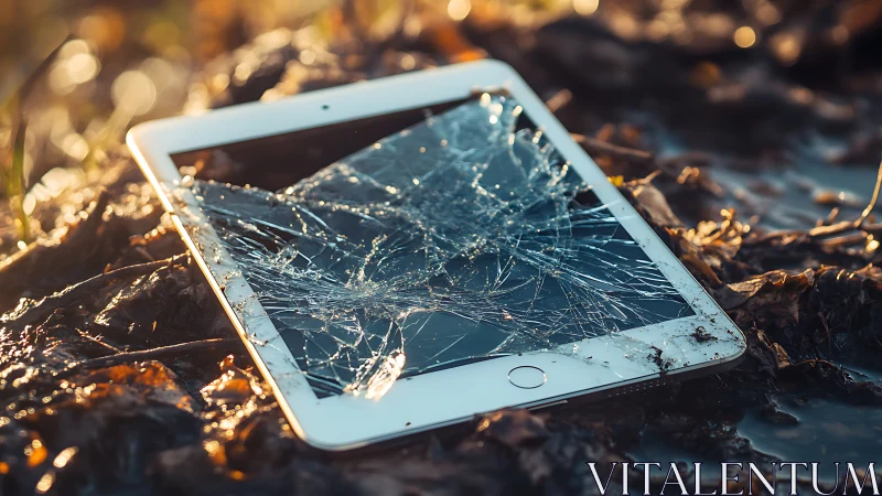 Shattered tablet rests in muddy leaves under soft evening light