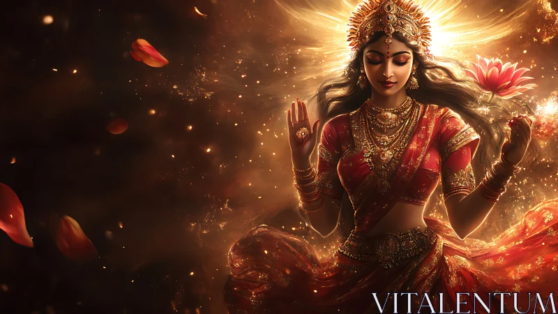 Divine goddess portrait in luminous gold and crimson digital painting