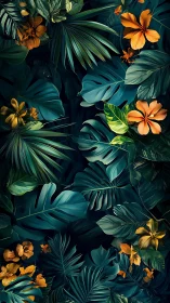 Lush teal jungle leaves frame vivid orange tropical blooms