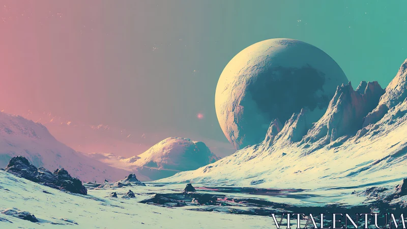 Twin moons linger above a pastel-tinted alien glacier