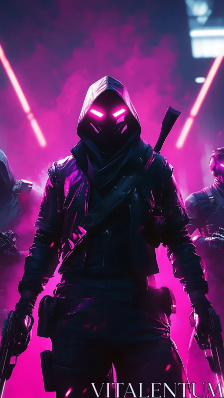 Hooded cyber warrior group in neon magenta urban haze.