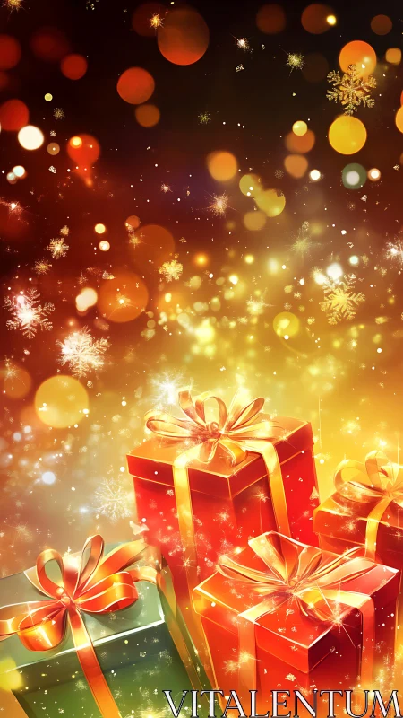 Sparkling holiday gift boxes glow in warm festive light