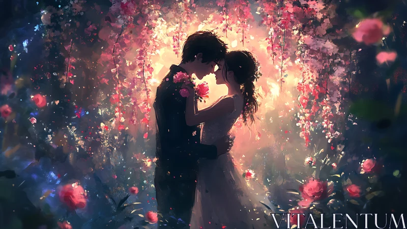 Silhouetted Couple Embracing Among Cascading Luminous Floral Particles