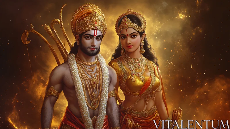 Divine warrior couple bathed in glowing golden radiance.