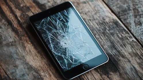 Smartphone with shattered glass screen on rustic wood surface.