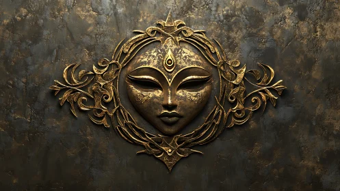 Ornate golden goddess mask rendered in sculptural 3D relief