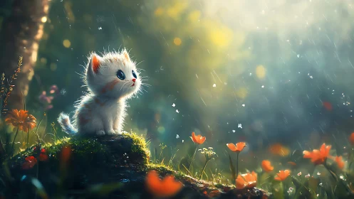 Small white kitten on mossy rock in soft backlight rain.