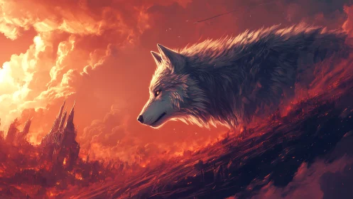 Colossal spectral wolf looms above burning crimson citadel
