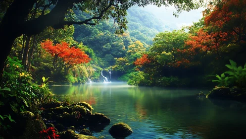 Emerald forest lake embraces cascading waterfall light