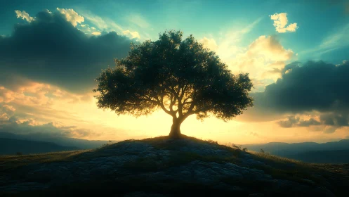 Solitary tree stands on rocky hilltop against backlit sunset sky