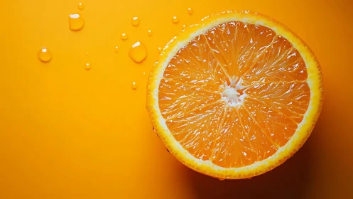 Citrus cross-section with macro droplet reflections on orange field.