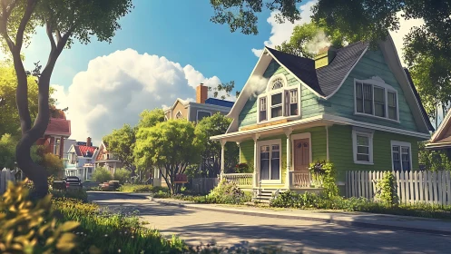 Residential street with green gabled house and trees in sun.