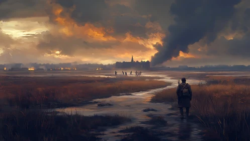 Solitary soldier crossing marshland toward burning distant city
