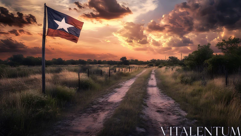 Dusty ranch road under a blazing Texas sunset skyscape.