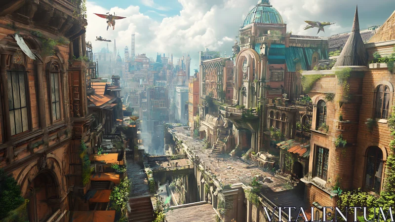 Digital painting of neo-baroque skyway city with verdant ruins.