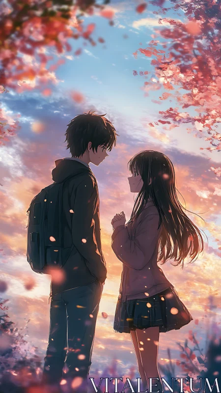 Teen couple under cherry blossoms at sunset sky.