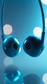 Close-up of blue wired earbuds against blurred bokeh background.