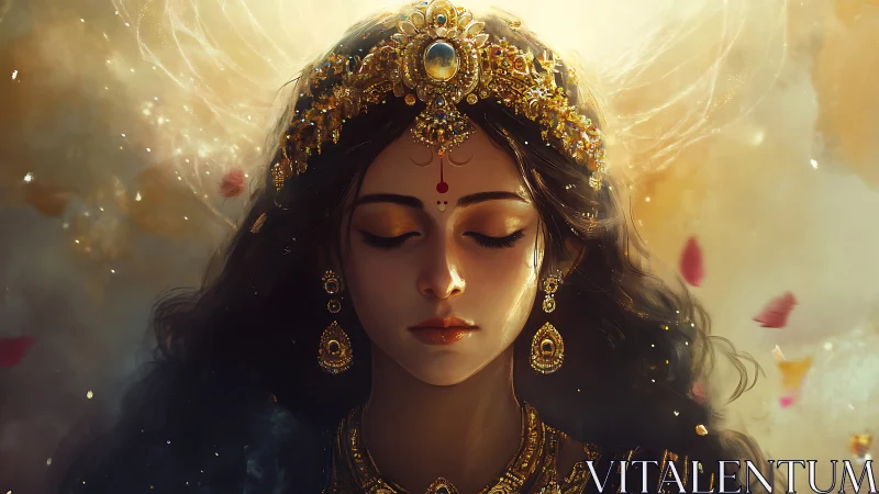 Divine-inspired digital portrait of serene jeweled goddess