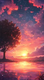 Sunset lake under starry sky with glowing clouds panorama.