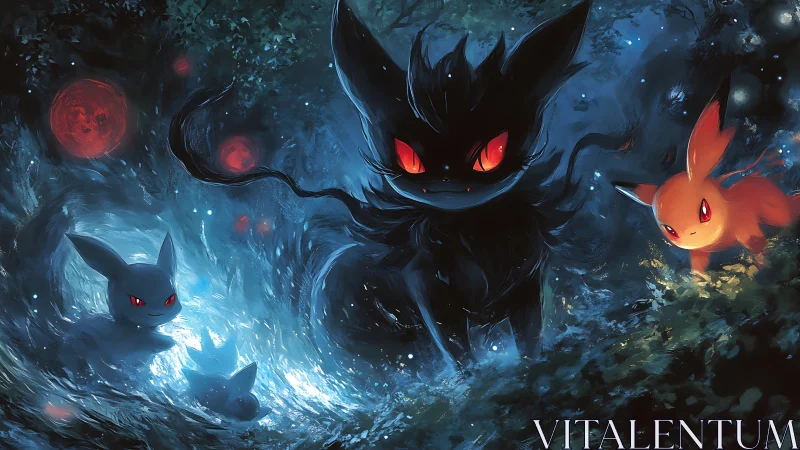 Playful fox spirits gather in a glowing midnight forest.