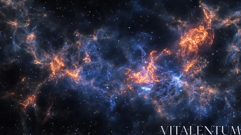 Diffuse interstellar nebula with blue and orange gas clouds.