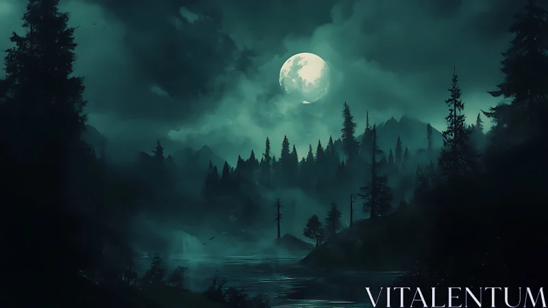 Full moon illuminates misty conifer forest over dark lake