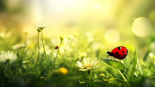 Ladybug rests on sunlit daisy in glowing spring meadow.