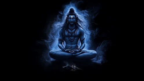 Blue meditative deity in glowing ethereal smoke focus.