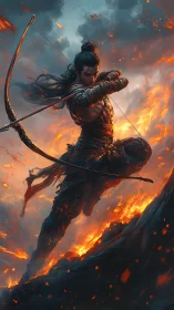 Armored archer draws bow amid volcanic firestorm and turbulent sky